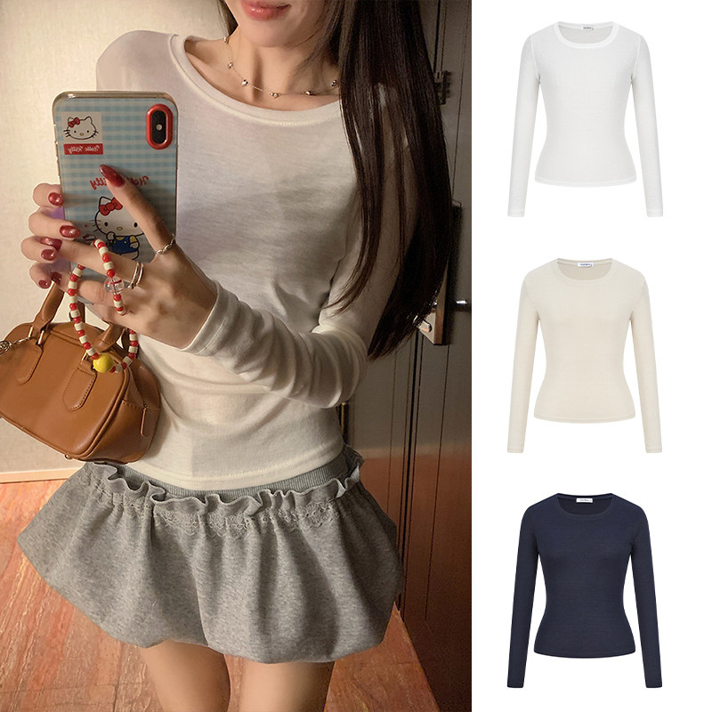 MosesQueen魔西女王薄款天丝长袖t恤女微透罩衫修身内搭打底上衣