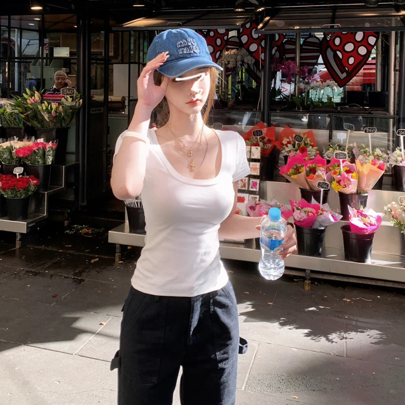 MosesQueen魔西女王白色正肩短袖t恤女夏季大U领修身显瘦短款上衣