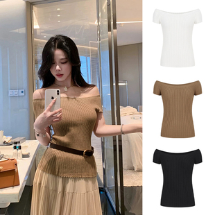 MosesQueen魔西女王纯欲一字肩针织短袖 设计感显瘦上衣 t恤女夏季