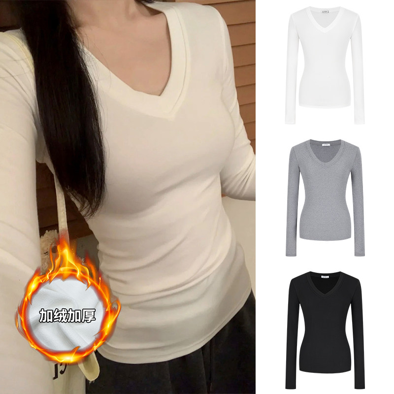 MosesQueen魔西女王白色加绒加厚打底衫女内搭v领正肩长袖t恤上衣