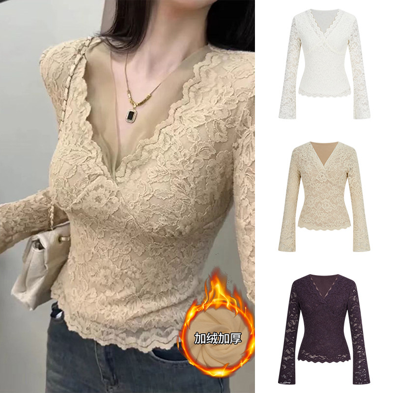 MosesQueen魔西女王加绒加厚蕾丝打底衫女内搭性感v领喇叭袖上衣