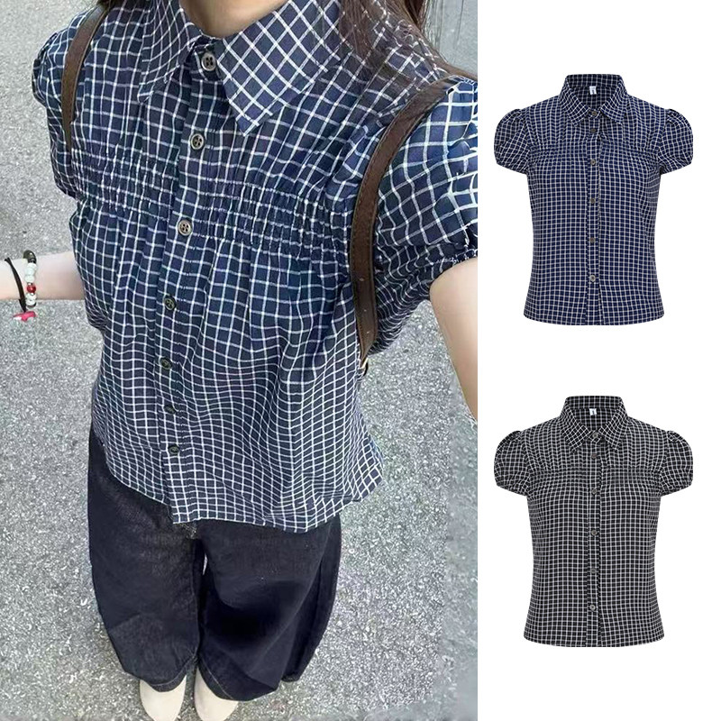 MosesQueen魔西女王复古格子翻领短袖衬衫夏季气质衬衣泡泡袖上衣