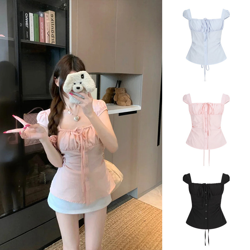 MosesQueen魔西女王粉色方领短袖衬衫收腰显瘦系带衬衣小飞袖上衣