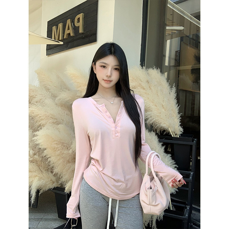 MosesQueen魔西女王粉色薄款亨利领长袖t恤春秋冬内搭打底衫上衣