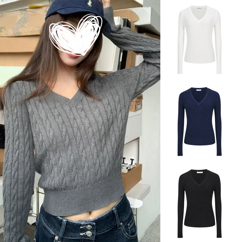 MosesQueen魔西女王灰色麻花v领毛衣女秋冬内搭打底软糯针织上衣