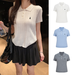 MosesQueen魔西女王刺绣针织短袖 正肩上衣 t恤女学院风polo领修身