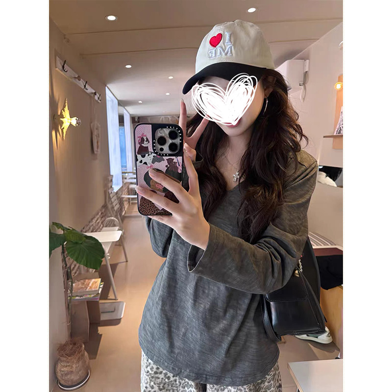 MosesQueen魔西女王慵懒风v领长袖t恤春秋休闲宽松内搭打底衫上衣