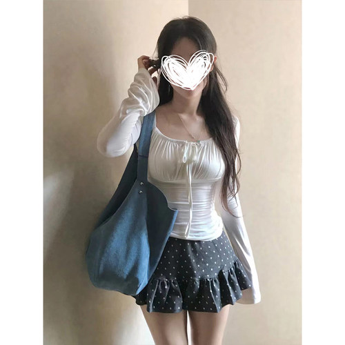 MosesQueen魔西女王纯欲褶皱系带方领长袖t恤修身内搭打底衫上衣