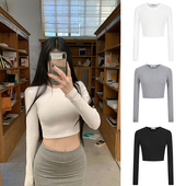 MosesQueen魔西女王白色露脐短款 t恤 显瘦长袖 打底衫 内搭上衣修身