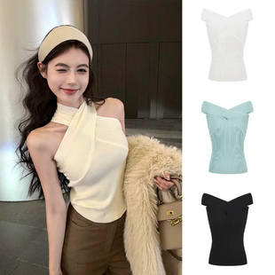 MosesQueen魔西女王挂脖交叉一字肩针织短袖 上衣 t恤女夏露肩短款