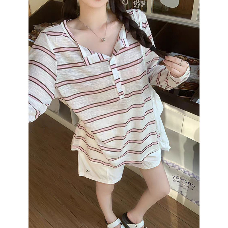 MosesQueen魔西女王条纹长袖t恤薄款防晒罩衫宽松休闲半开领上衣,女装/女士精品,T恤,淘宝优惠券,粉丝福利购,淘宝优惠卷