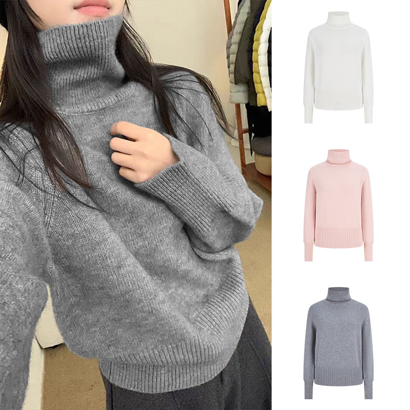 MosesQueen魔西女王灰色高领毛衣女内搭打底衫宽松堆堆领针织上衣