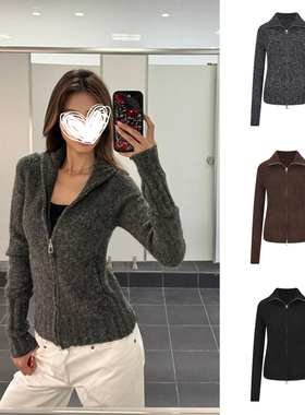 MosesQueen魔西女王灰色翻领针织开衫秋冬毛衣外套修身双拉链上衣