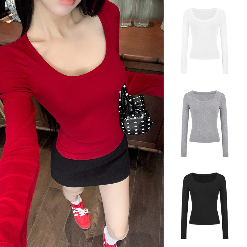 MosesQueen魔西女王红色打底衫春秋冬内搭上衣修身显瘦u领长袖t恤