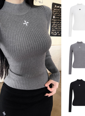 MosesQueen魔西女王灰色半高领针织打底衫女内搭毛衣修身坑条上衣