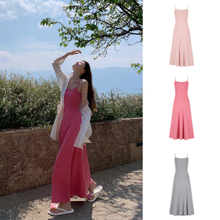 MosesQueen魔西女王树莓红色吊带连衣裙女夏季修身显瘦a字长裙子