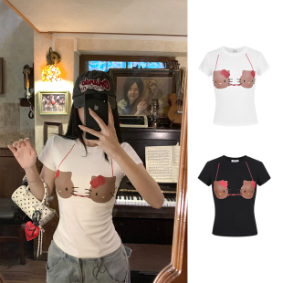 MosesQueen魔西女王kitty猫印花正肩短袖t恤女夏收腰修身显瘦上衣