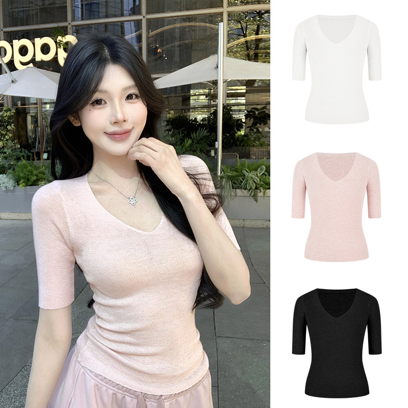 MosesQueen魔西女王粉色针织短袖t恤中袖修身显瘦正肩半袖v领上衣