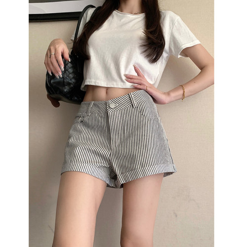 卷边条纹短裤外穿宽松阔腿休闲裤