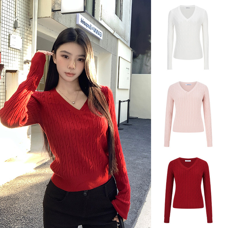 MosesQueen魔西女王新年红色麻花v领毛衣女内搭打底长袖针织上衣