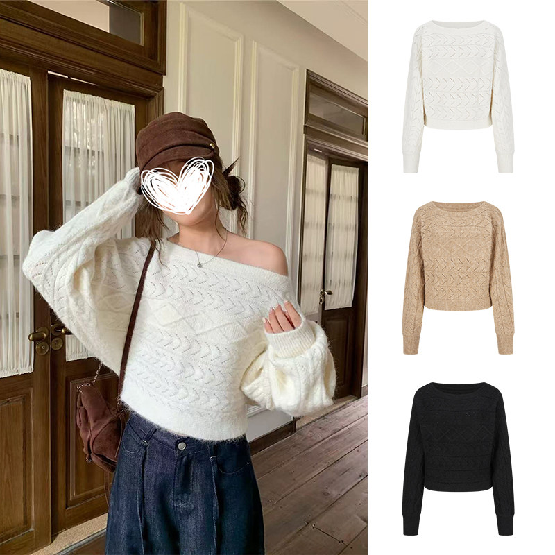 MosesQueen魔西女王米白色麻花斜肩毛衣镂空蝙蝠袖露肩针织衫上衣