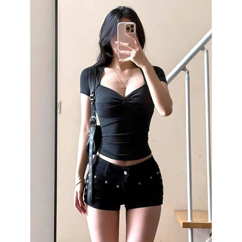 扭结方领条纹正肩短袖t恤女修身