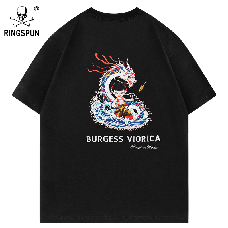 新款哪吒腾龙t恤男轻奢潮牌重磅纯棉情侣装半袖刺绣短袖体恤衫男T