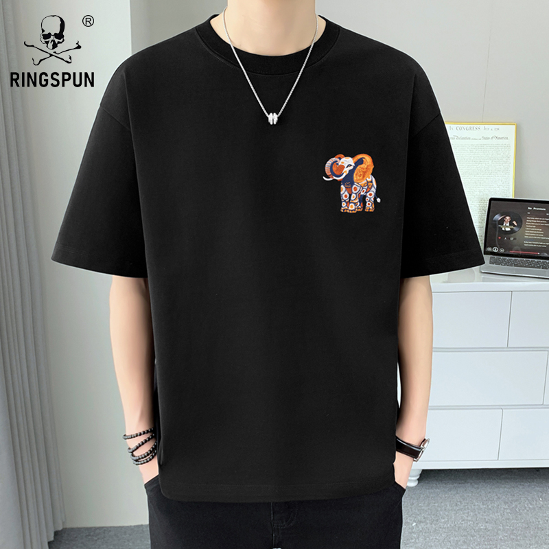 25夏季新款短袖T恤男装宽松刺绣圆领纯棉半袖青年上衣潮t男女同款