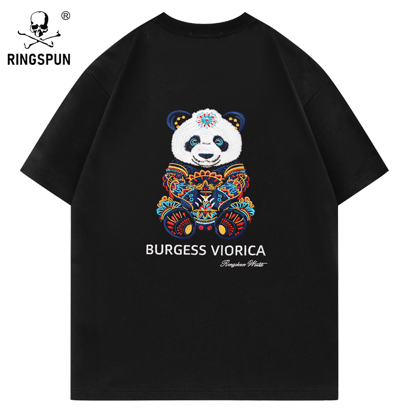 RINGSPUN【七彩熊猫】重磅万针刺绣可变色潮牌短袖圆领T恤男女款
