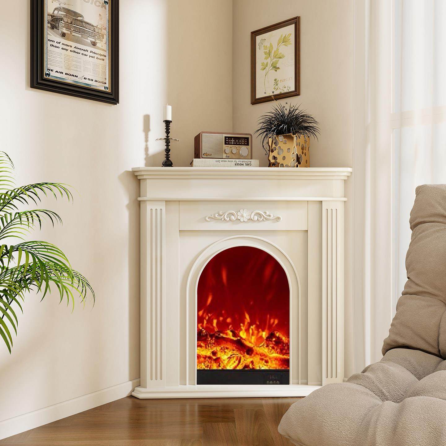 法式壁炉转角柜实木三角壁炉装饰柜仿真火取暖壁炉架客厅玄关定制