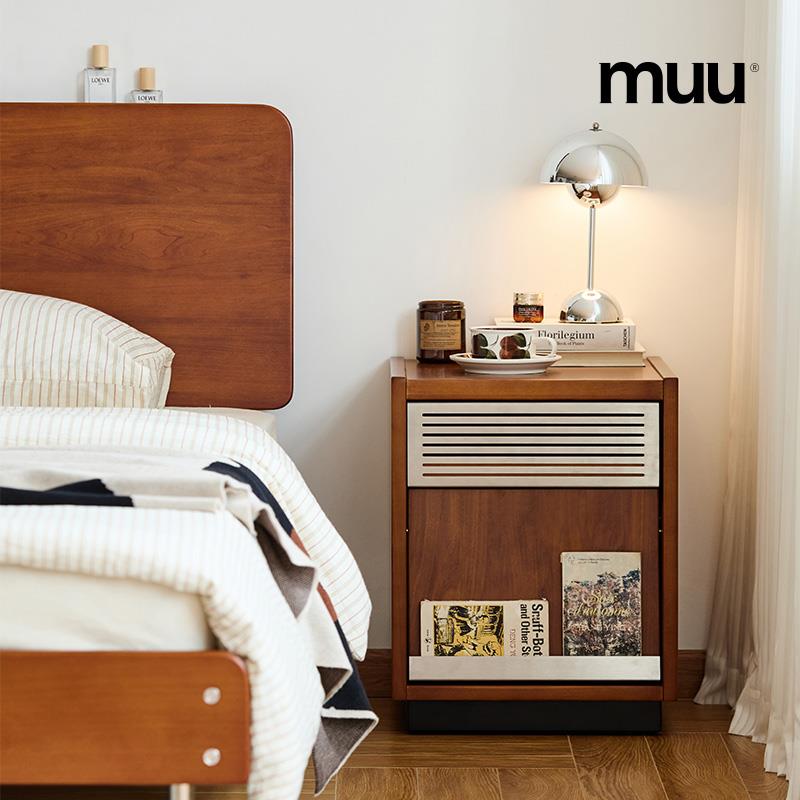 MUU实木床头柜复古床边卧室中古收纳置物柜简约家用小户型储物柜