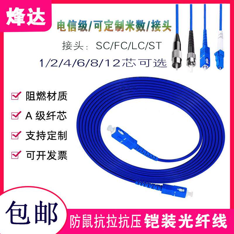 室内成品防鼠铠装光纤跳线室外柔性光缆LC/FC/SC头抗拉阻燃光纤线