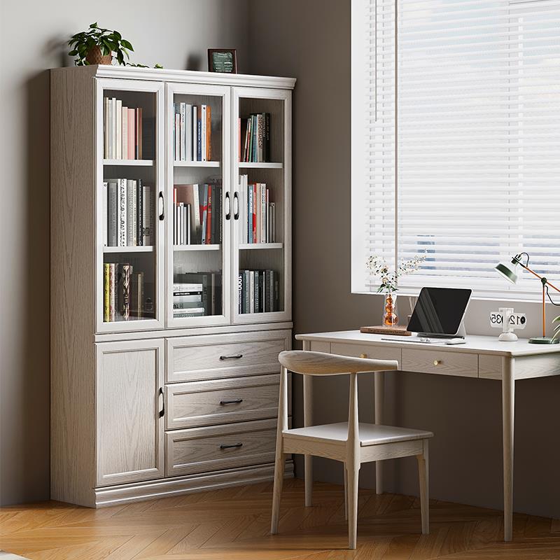 实木两门书柜带玻璃门美式家用书架落地靠墙防尘展示柜卧室组合