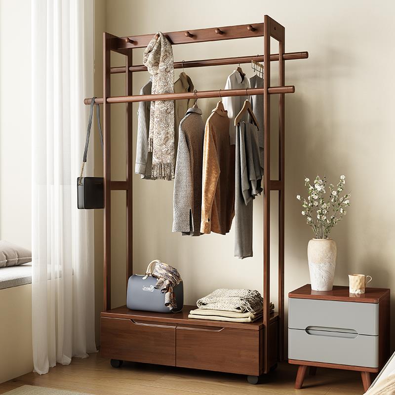 实木挂衣架落地卧室带抽屉衣帽架客厅玄关入户新中式置物架可移动