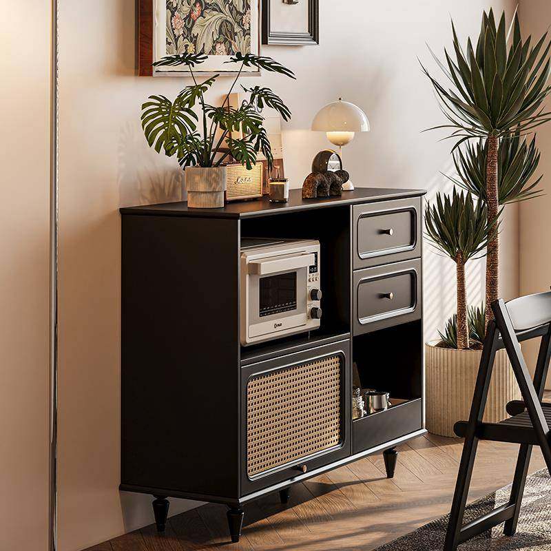美式复古微波炉餐边柜小型客餐厅黑色茶水柜实木嵌入式烤箱柜高脚