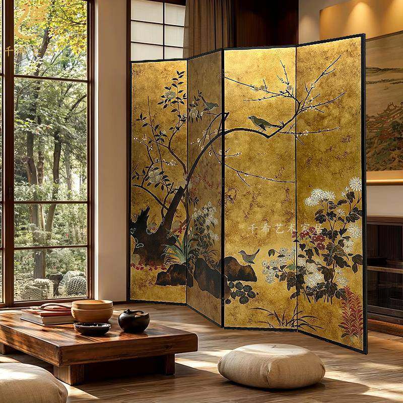 法式南洋风复古高端手绘金箔屏风客厅茶室沙发餐厅中古花鸟背景墙