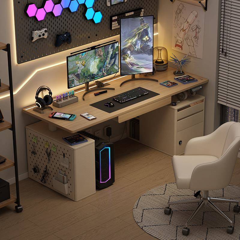 奶油风智能电动升降桌居家办公学习实木书桌洞洞板台式电竞电脑桌