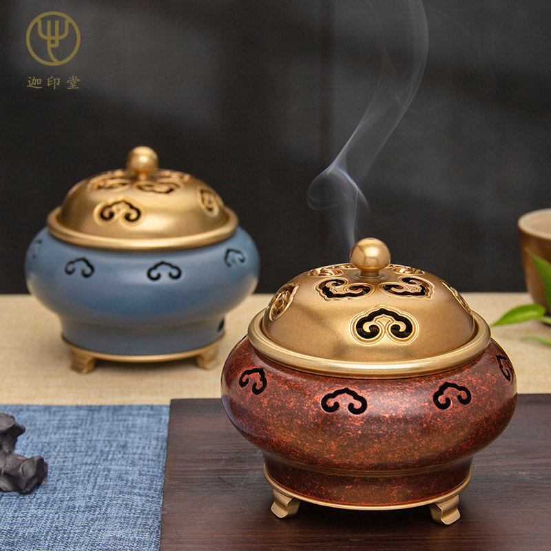 迦印堂 手工黄铜盘香炉宣德炉家用檀香盘香炉 财神如意香炉