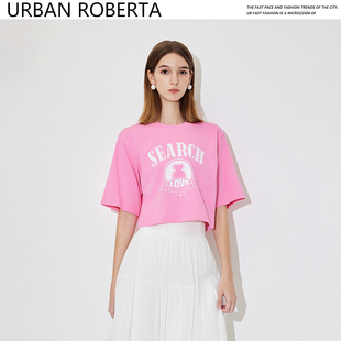 女夏装 URBAN 字母图案潮新款 ROBERTAT恤女上衣宽松短袖 纯棉落肩袖