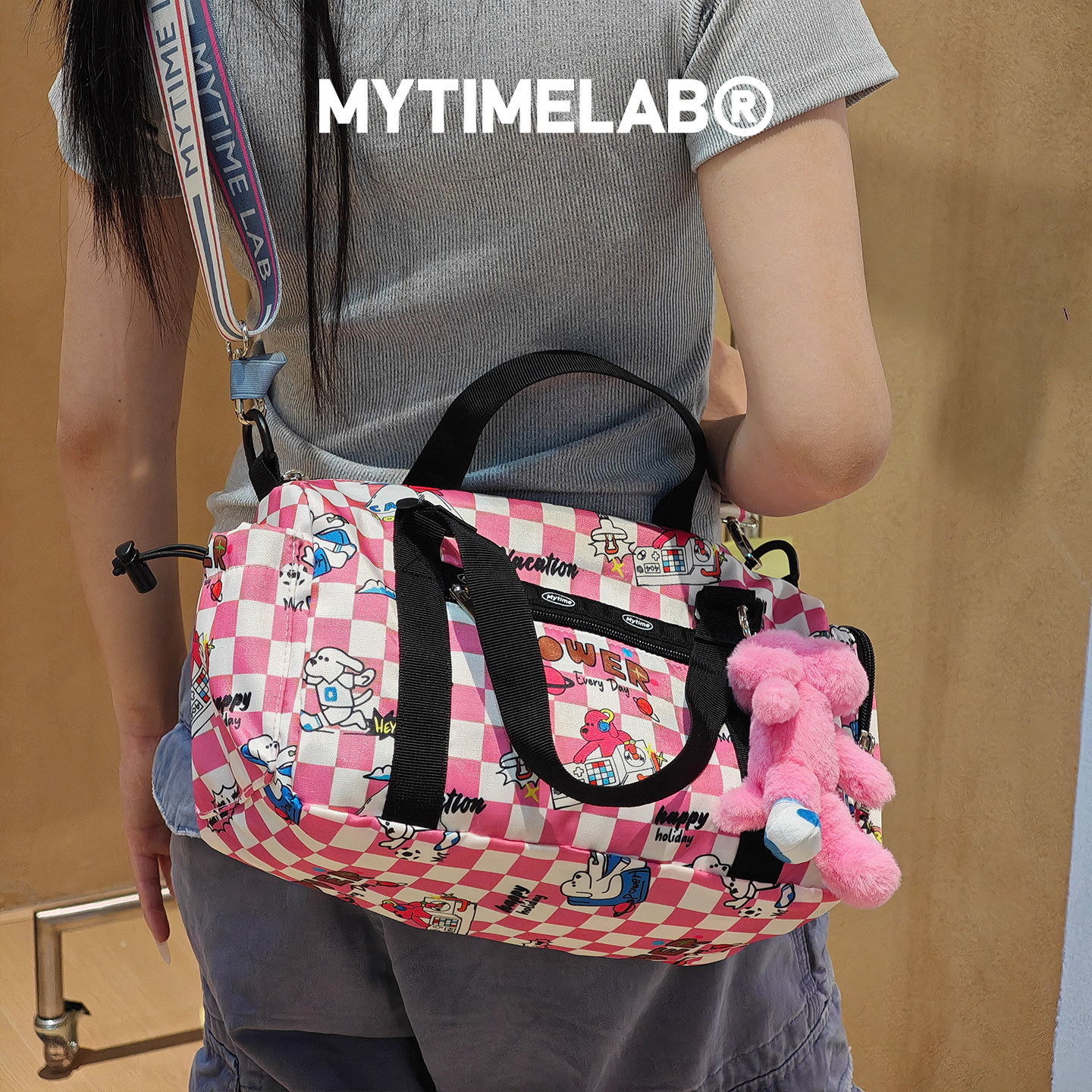 MYTIMELAB摩太潮玩PD欢乐时光格子包手提拉链斜挎包印花撞色休闲