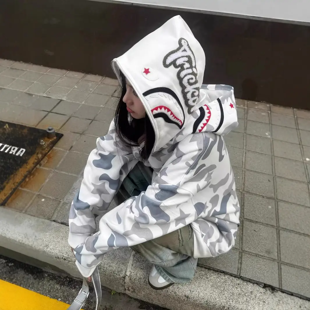 美式高街双帽迷彩鲨鱼拉链卫衣外套女春秋款hiphop潮牌情侣帽衫