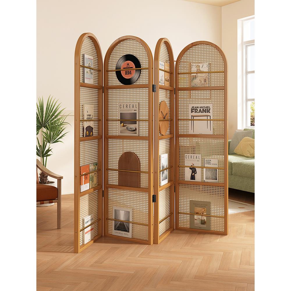 日式藤编屏风隔断客厅折叠可移动实木小户型遮挡入户简约杂志书架