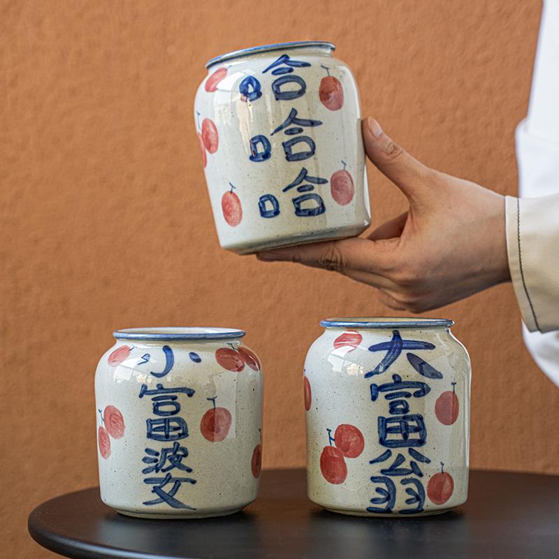 小悠家〖中式手绘〗复古陶瓷小花瓶粗陶收纳罐客厅插花桌面摆件