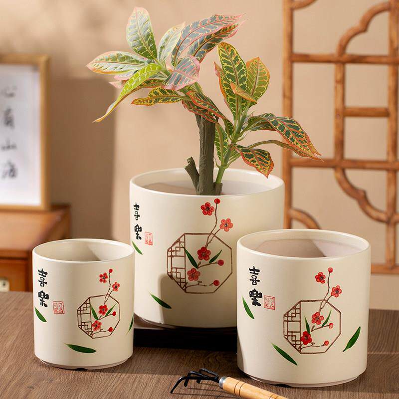 中式604古中国风古陶瓷花盆梅花复图案蝴蝶兰兰花虎皮植兰典家用