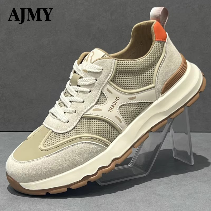 AJMY真皮厚底网面透气男跑步鞋子