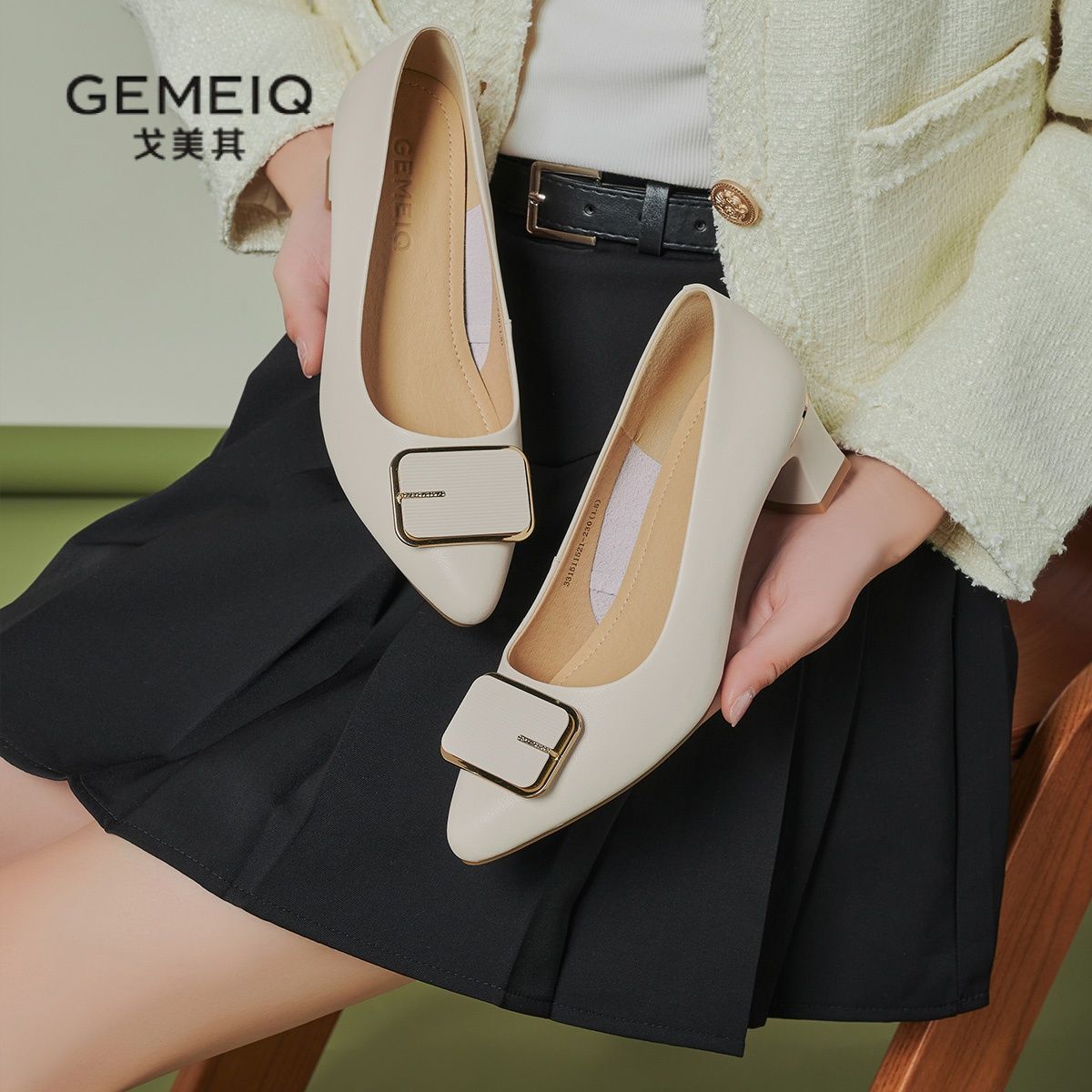 戈美其女鞋尖头工作单鞋新款春季气质简约百搭气质浅口职业高跟鞋