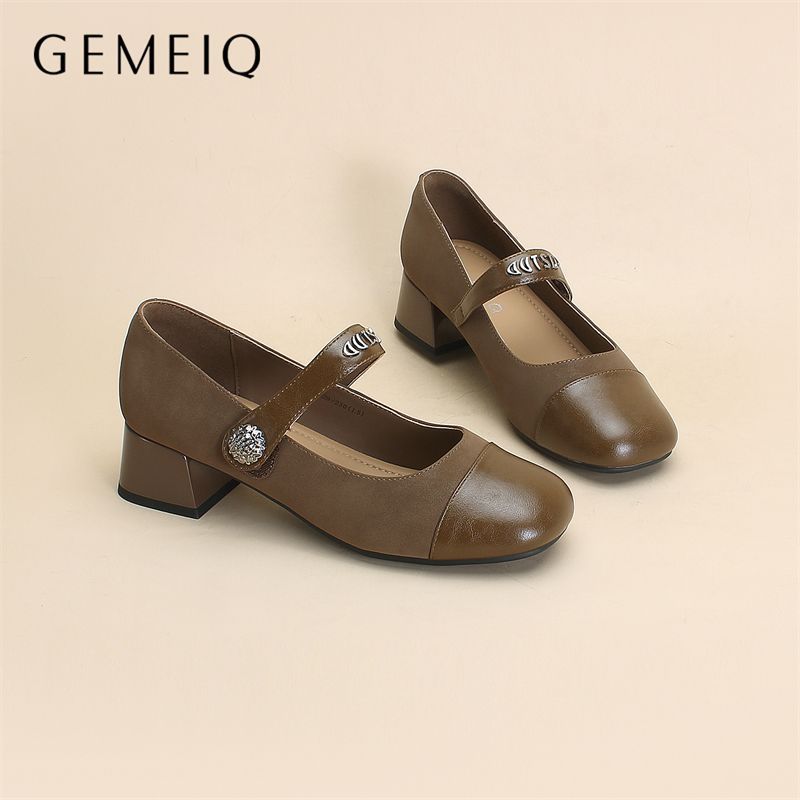 戈美其粗跟浅口单鞋圆头复古法式玛丽珍鞋新款高跟气质女鞋小皮鞋