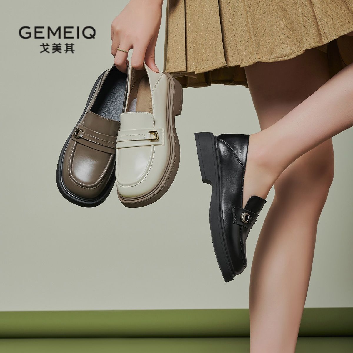 戈美其英伦春季软底新款脚蹬女鞋百搭舒适厚底乐福鞋通勤单鞋皮鞋