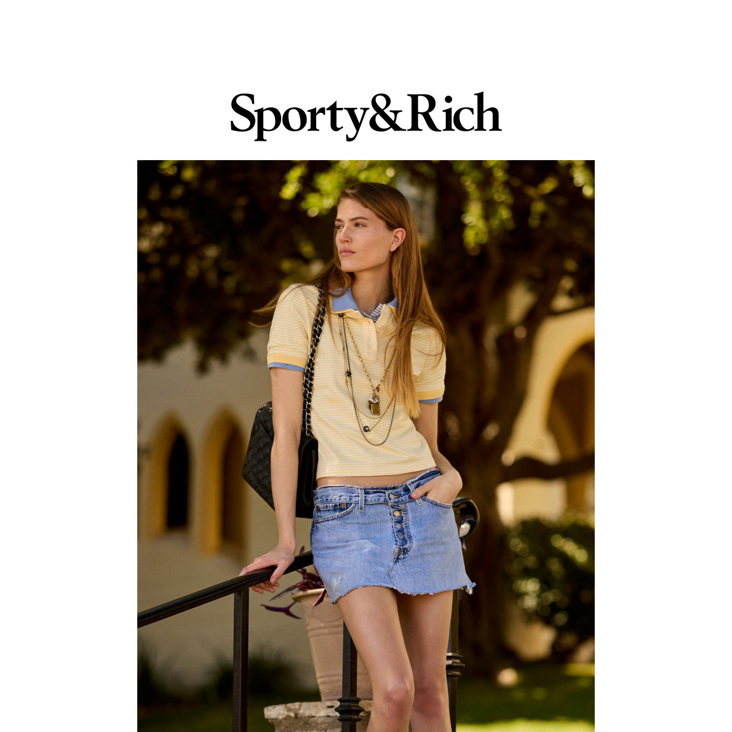 Sporty&Rich 女士美式徽章活力学院风修身条纹休闲百搭短袖Polo
