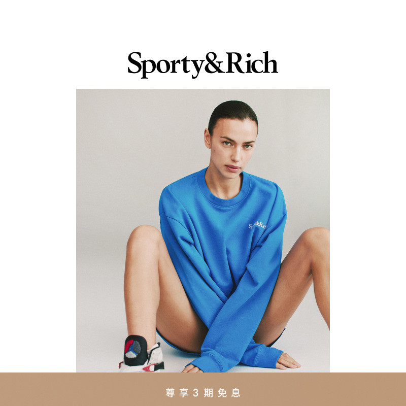 Sporty&Rich Sports系列男女同款经典巴黎蓝slogan宽松圆领卫衣